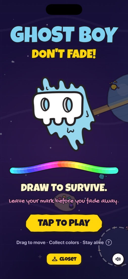 The Ghost Boy title screen: a drippy blue ghost above a rainbow brush stroke, with the words Draw to survive