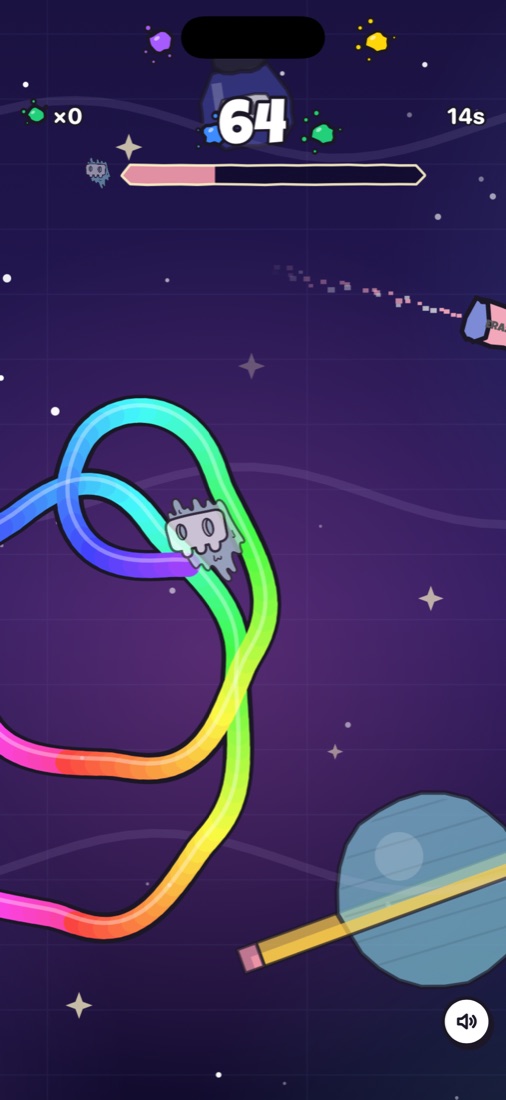 Mid-run: Ghost Boy loops through deep space, leaving a thick rainbow trail behind him