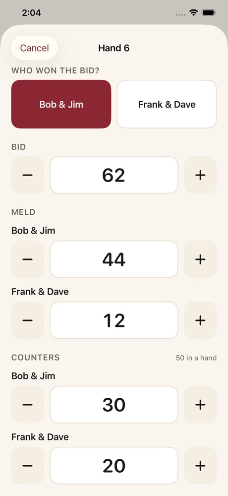 Entering a hand in PinScore: who won the bid, the bid, and each team&rsquo;s meld and counters