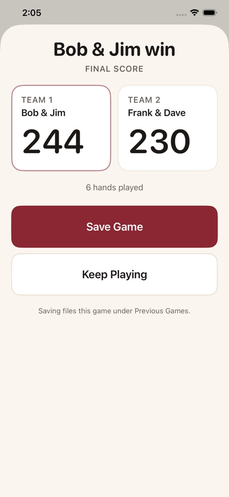 A finished game in PinScore, showing the winning team and the final score